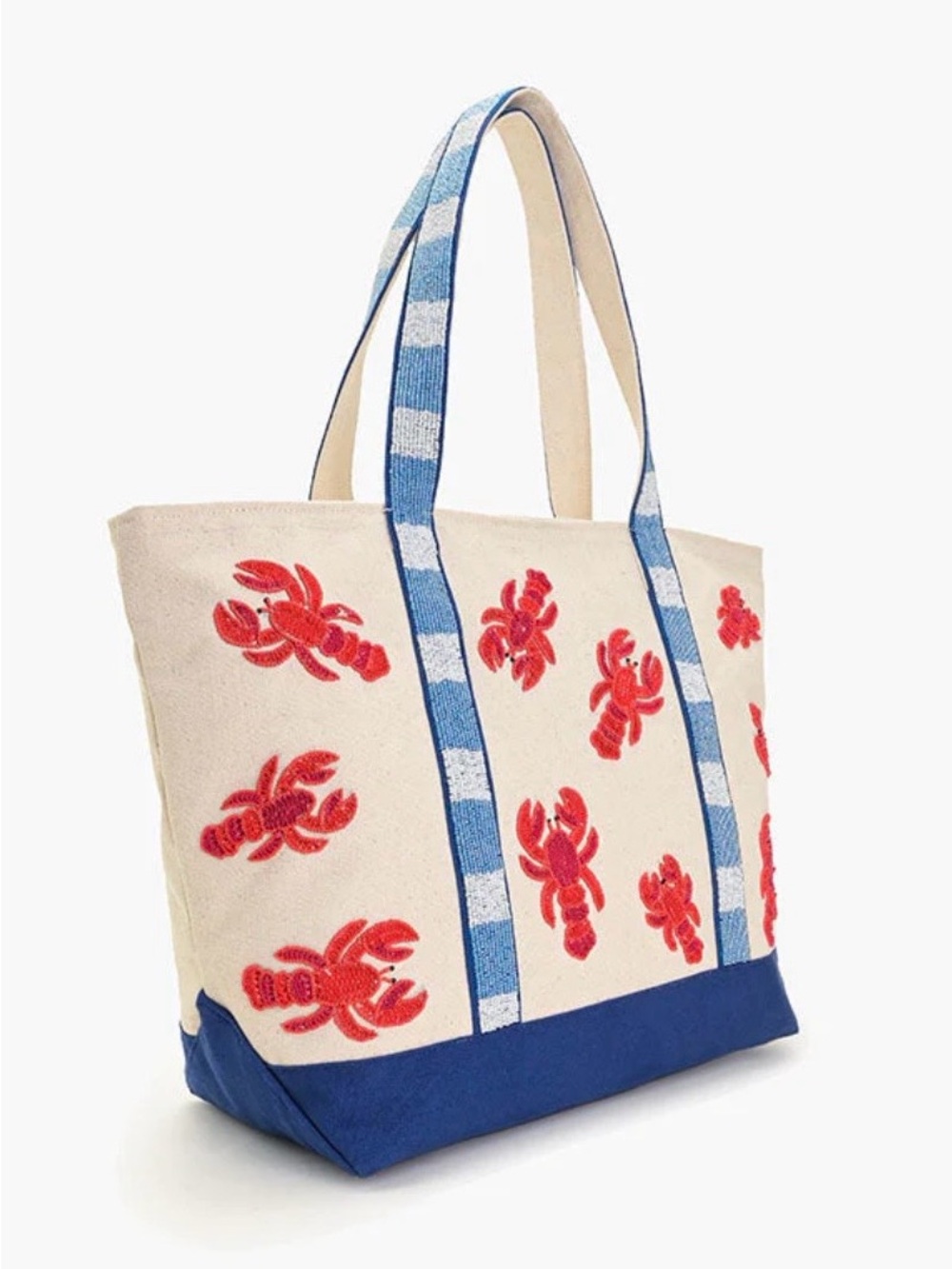 🦞 Handcrafted in India Beige Canvas Tote with LOTS of Red beaded lobsters! 🦞 - Picture 3 of 6